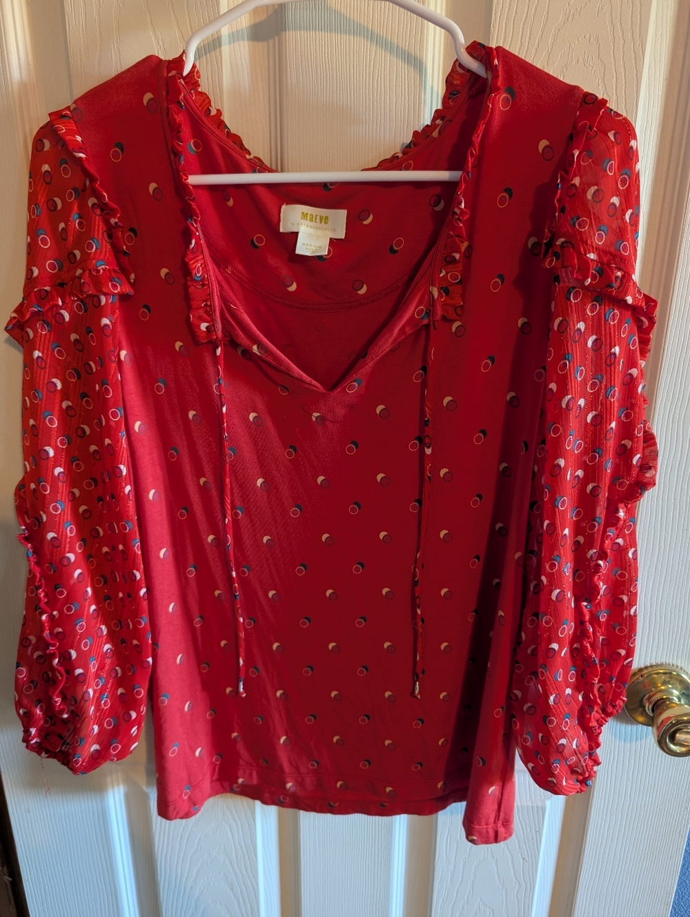 Maeve Red Crescent Dot Ruffle V-Neck Blouse